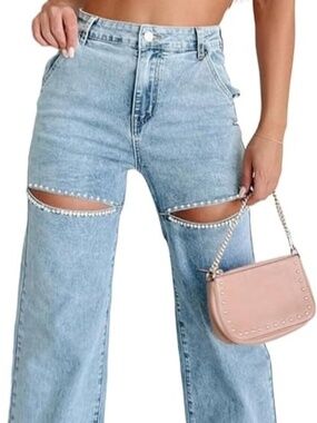Rhinestone Embellished Light Wash Denim Jeans Straight Leg Size M/L - NWT